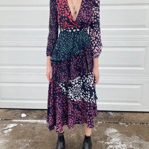 Marie Oliver multicolor silk ruffle tiered midi dress size 2